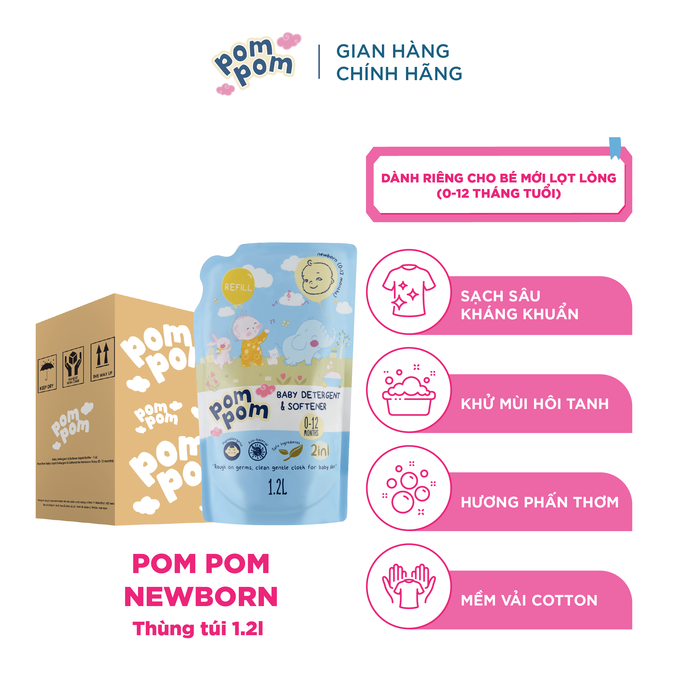 Nước Giặt Xả Cho Bé Sơ Sinh 0-12 Tháng Pom Pom Newborn Khử Mùi Tanh Sữa, Tè Khai và Lưu Hương Phấn Dịu Nhẹ Bảo Vệ An Toàn Hệ Hô Hấp Bé [Thùng 4 Túi 1.2L]