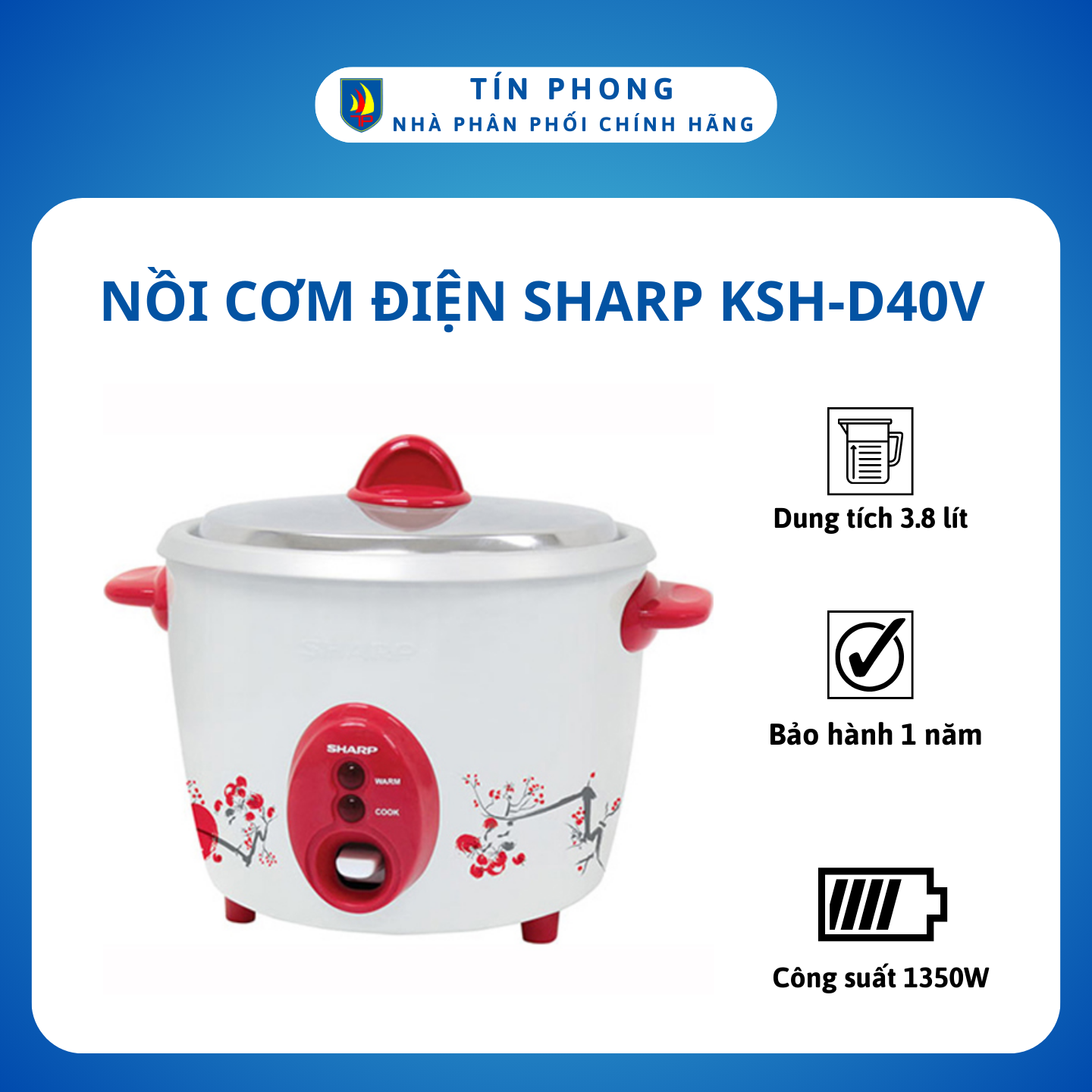 Nồi cơm, nồi cơm điện sharp ksh-d40v. loại sản phẩm: nồi cơm nắp rời. dung tích thực: 3.8 lít. điện áp: 220v- 50hz. công suất: 1350w.