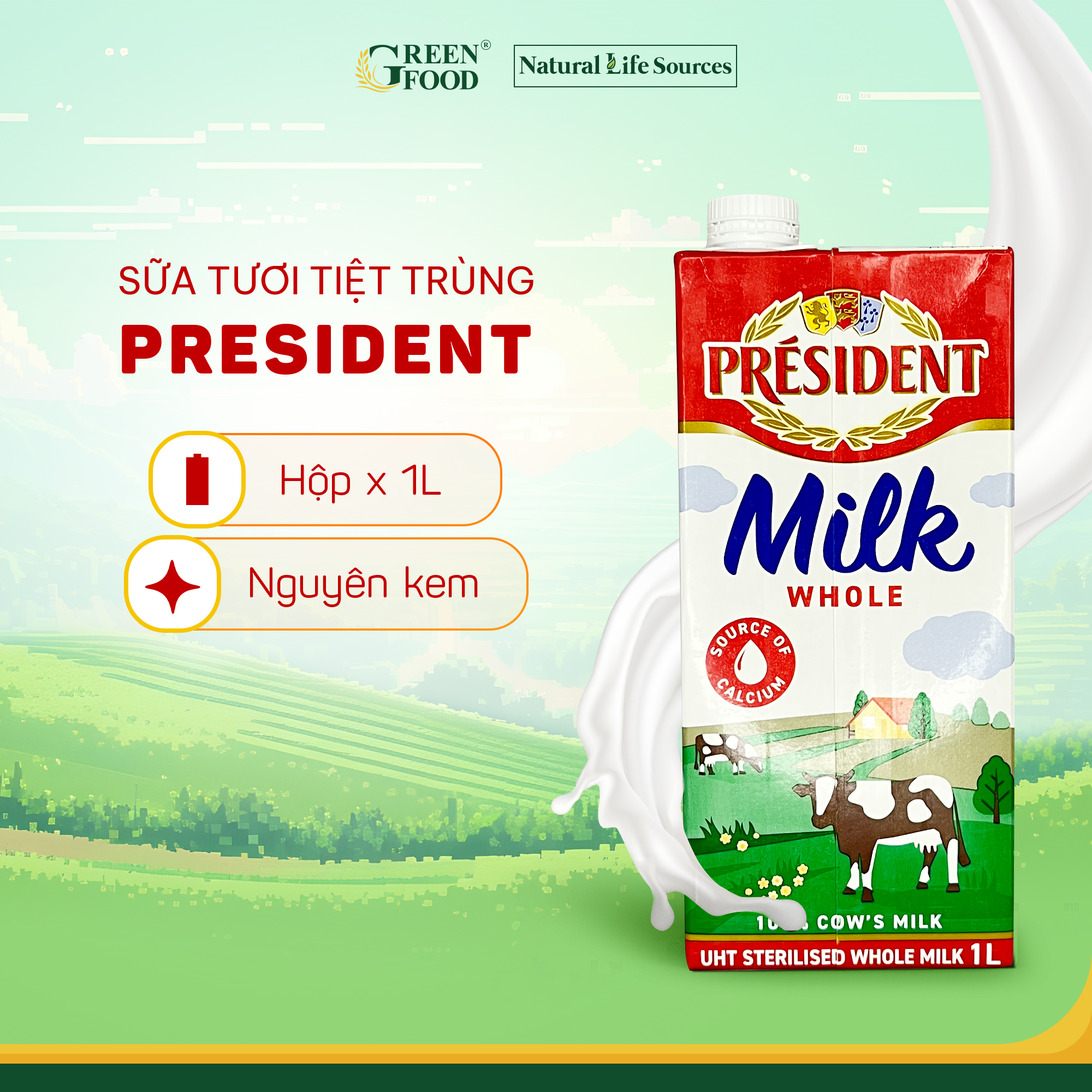 Sữa Tươi Không Đường President Whole Milk Nguyên Kem Tiệt Trùng 1L - Độ Béo Cao 3.6%, Nhập Khẩu Chính Hãng từ Châu Âu