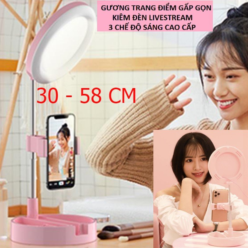 [Hàng chuẩn] Gương trang điểm để bàn phấn có đèn led sạc kính tròn makeup kiêm Đèn livestream để bàn 30 -58 cm kẹp điện thoại có đèn hỗ trợ 3 chế độ sáng, quay tiktok, bán hàng [MÀU HỒNG]