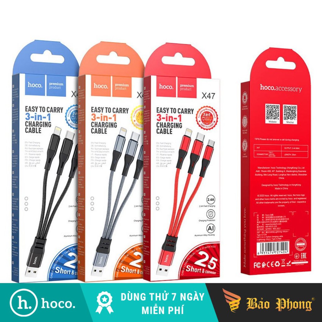 Cáp sạc 3 in 1 hoco x47 usb to lightning - micro - typec dài 25cm chất liệu dây dù
