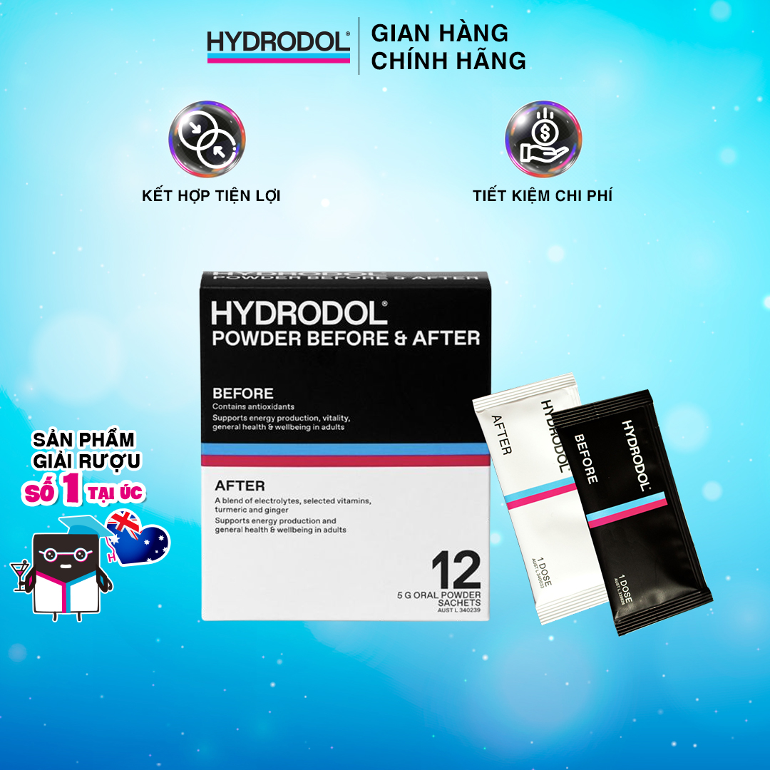 Viên giải rượu hydrodol® powder before & after của úc hộp 12 gói