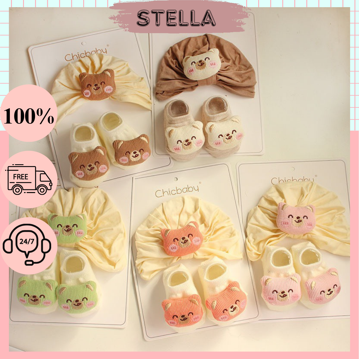 Set nón Turban gấu kèm tất cổ ngắn cho bé trai, bé gái, sơ sinh 4-10kg. Set Turban Chicbaby. Stella shop