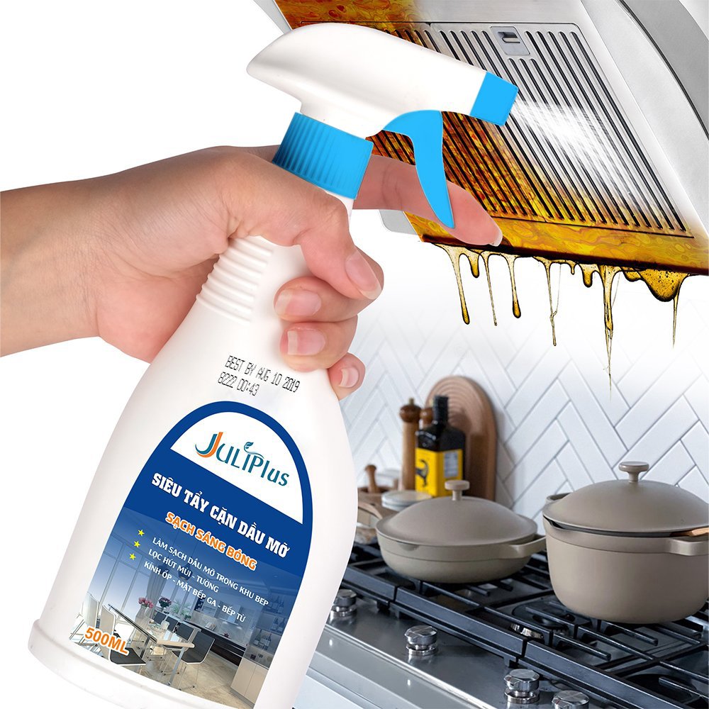 Tẩy dầu mỡ nhà bếp, nước tẩy dầu mỡ máy hút mùi, chất làm sạch tường bếp, bếp ga, tẩy xoong, lò vi sóng Juli Plus siêu nhanh siêu sạch tiện lợi an toàn. Chai 500ml