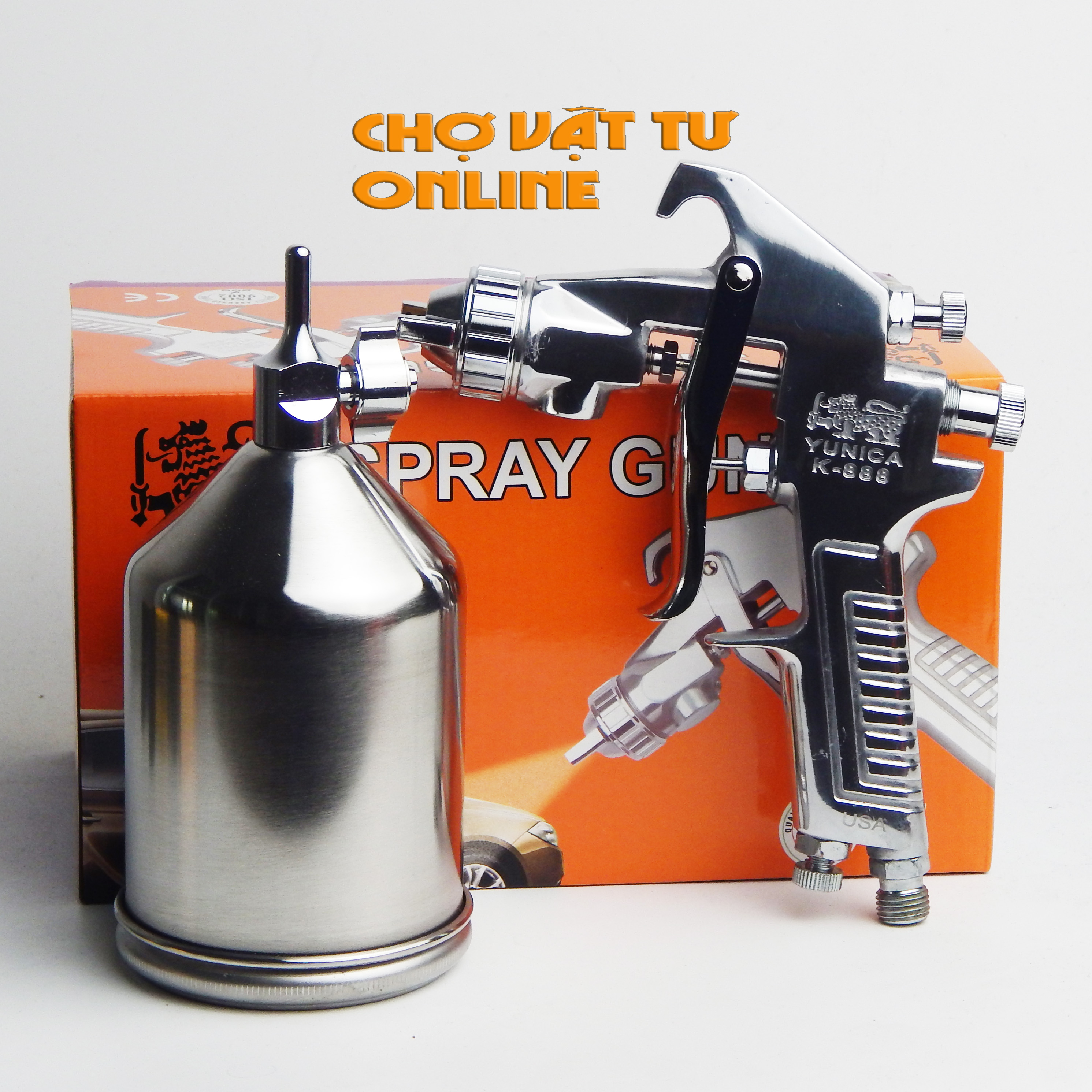 Súng phun sơn PU model K888 đầu phun 1.5mm kèm lon sơn inox có chân gác, súng phun sơn khí nén k888