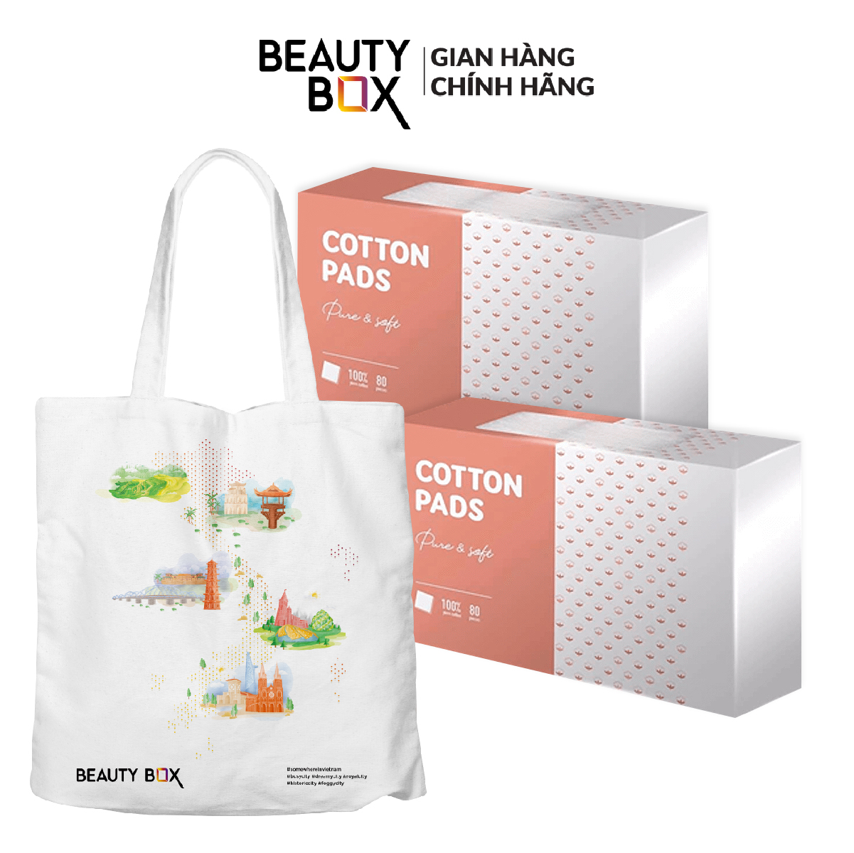 Combo Dụng Cụ Chăm Sóc Da Mặt Beauty Box Cotton Pad 80 miếng/hộp+Túi Vải Canvas Beauty Box 1pcs