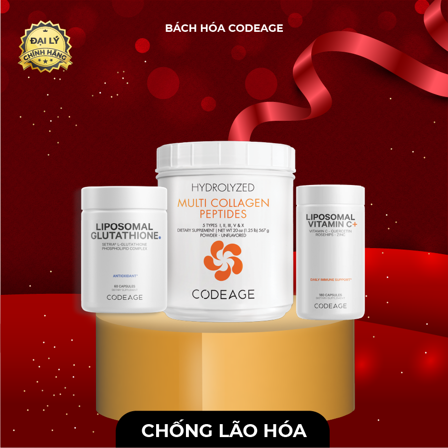 Bộ 3 codeage da căng sáng, chống lão hóa collagen peptides + liposomal glutathione + liposomal vitamin c
