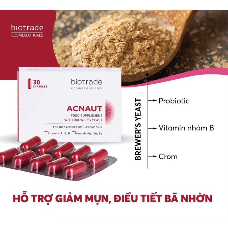 Viên uống giảm mụn Biotrade Acnaut Food Supplement - Kiềm giảm dầu hộp 30v