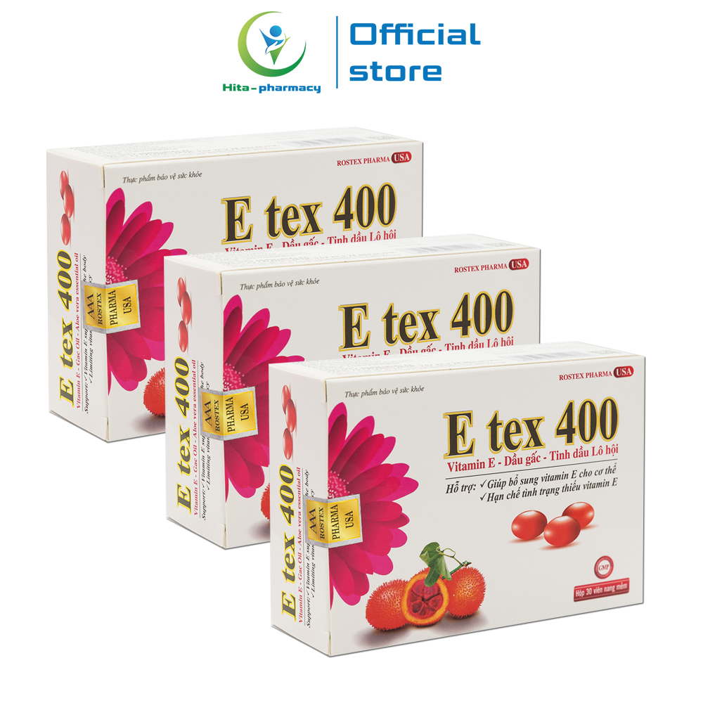 Combo 3 hộp Viên uống đẹp da Vitamin E Đỏ, dầu gấc, tinh dầu lô hội E Tex 400 giảm nám sạm da, chống lão hóa - Hộp 30 viên
