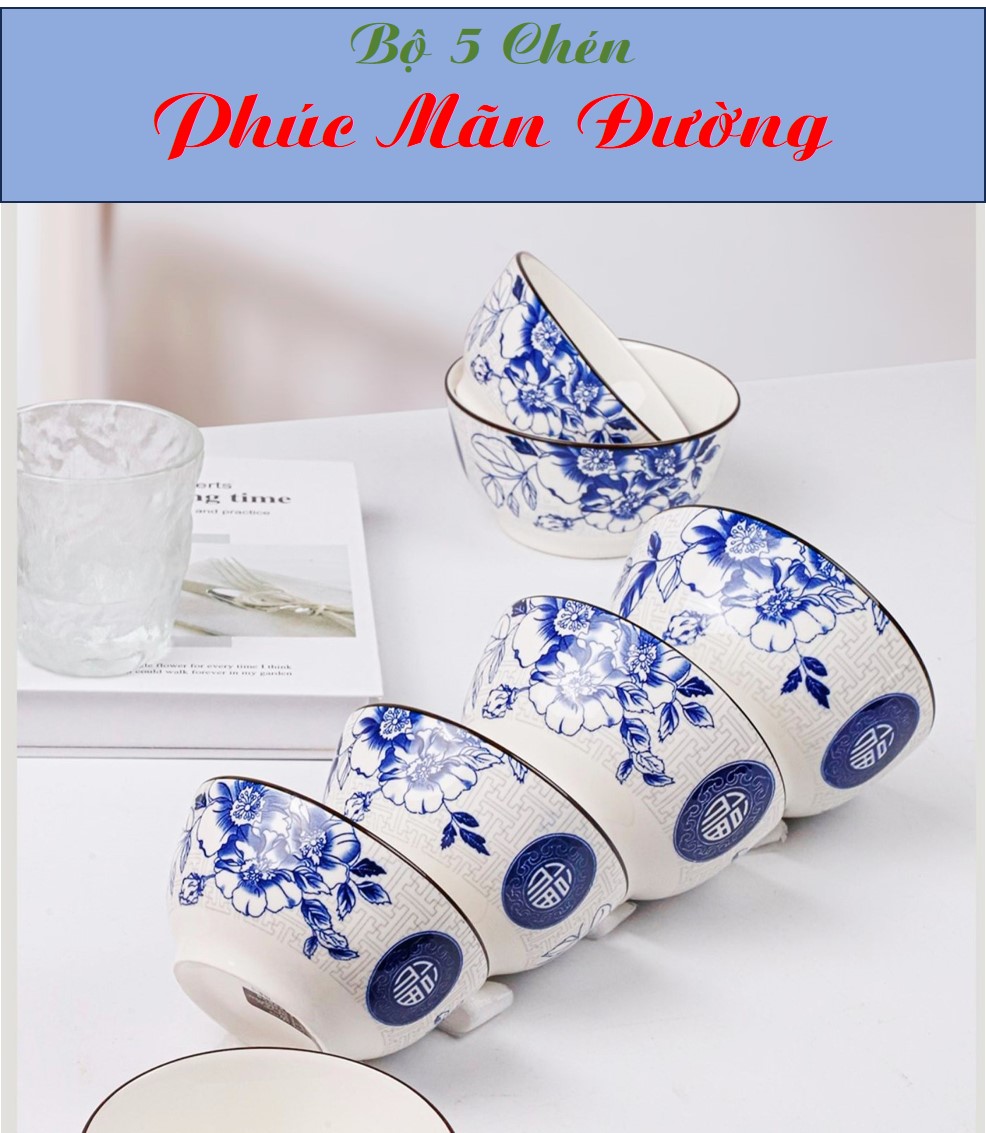 Bộ 5 chén cơm gốm sứ họa tiết phúc mãn đường