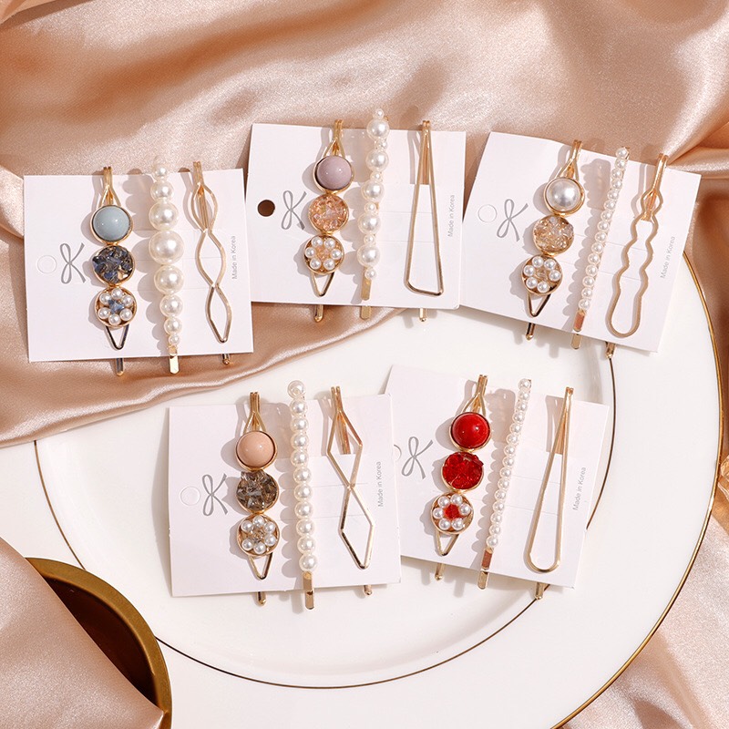 Set 3 kẹp tóc đính đá, đính hạt phong cách sang trọng thời trang