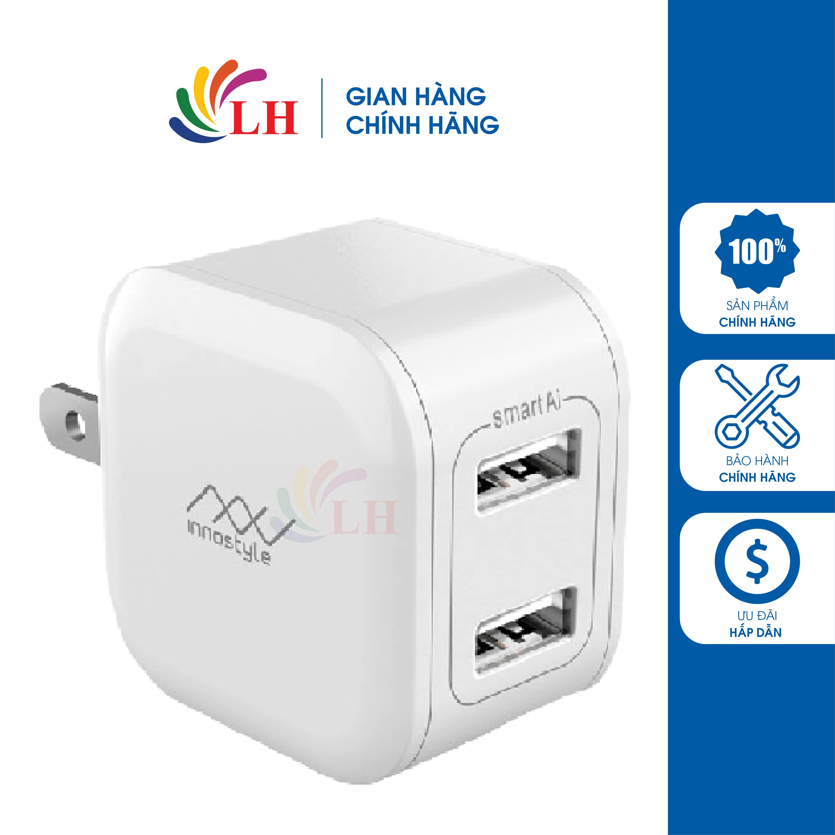 Cốc sạc Innostyle Minigo 2 2USB 12W IC12SAWHI - Hàng chính hãng - Thiết kê nhỏ gọn 2 cổng USB tiện lợi Dòng điện ổn định