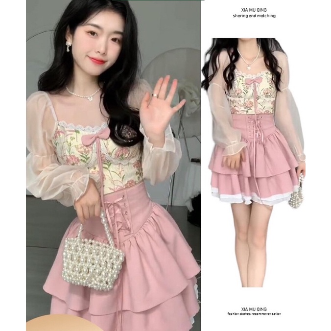 Set áo croptop thêu hoa + cv hồng tiểu thư dễ thương