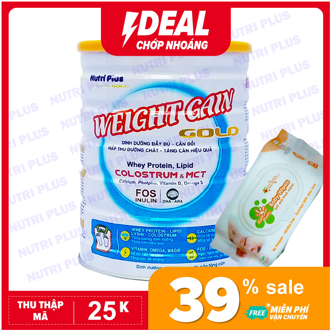 [TẶNG 1 BỊCH KHĂN ƯỚT 100 TỜ SUNBABY] Sữa bột dinh dưỡng WEIGHT GAIN tăng cân cho người gầy, tăng cân hiệu quả NUTRI PLUS Gold- 900G  -Không dành cho trẻ dưới 2 tuổi