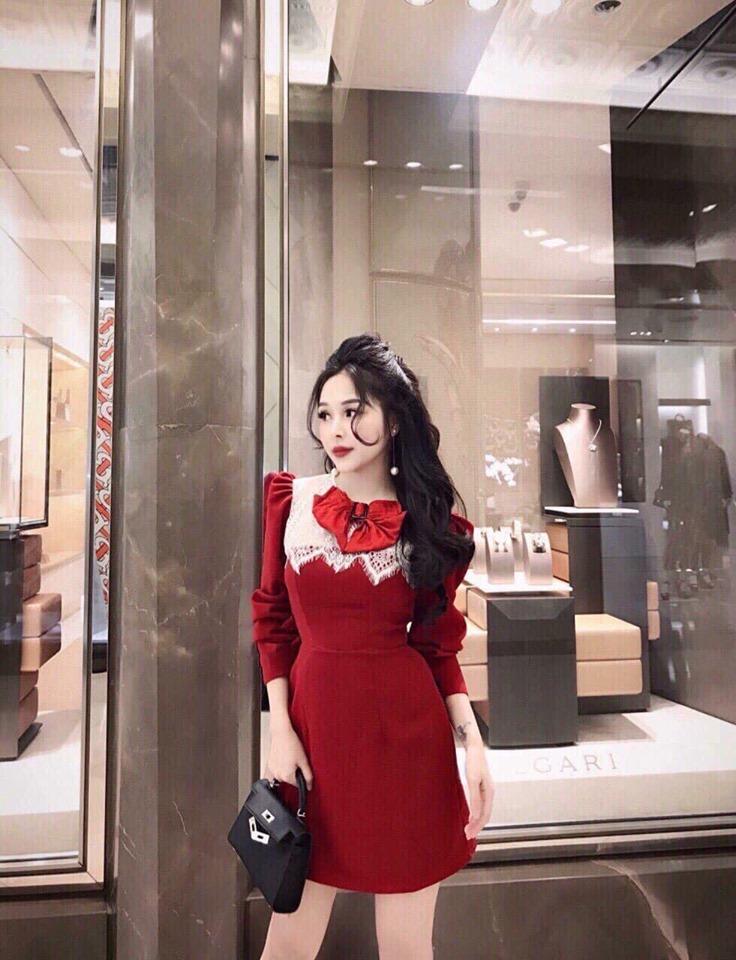 Đầm xoè phối ren nơ cổ dài tay kèm ảnh thật /đầm dự tiệc