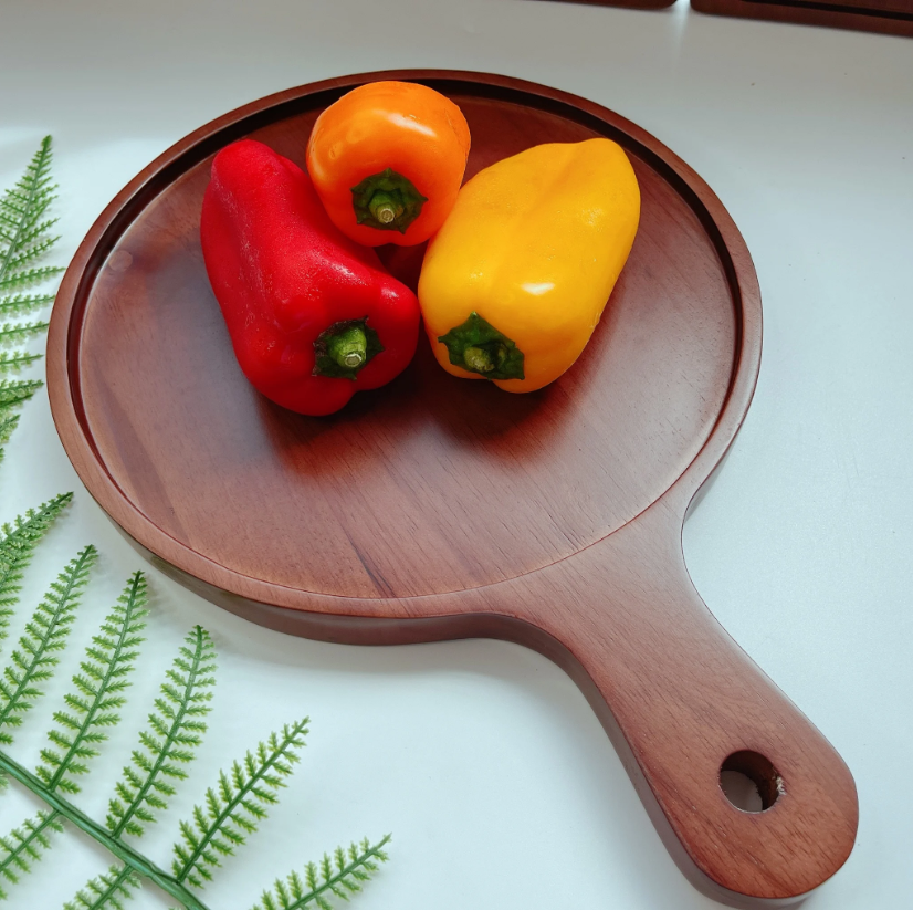 Khay gỗ óc chó hình tròn có tay cầm, khay gỗ decor tự nhiên, trưng bày thực phẩm, chụp hình trang trí sản phẩm tiện lợi..