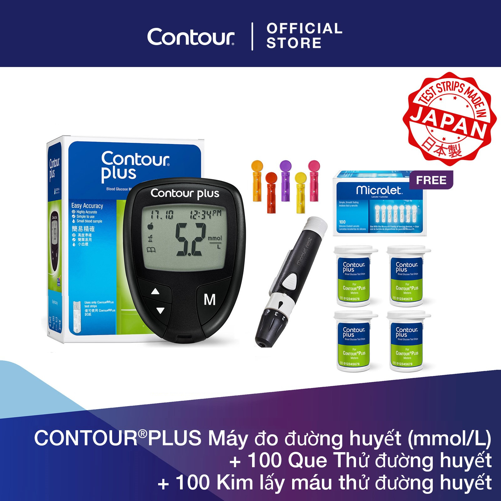 Contour®plus máy đo đường huyết + 100 que thử đường huyết + 100 kim lấy máu thử đường huyết