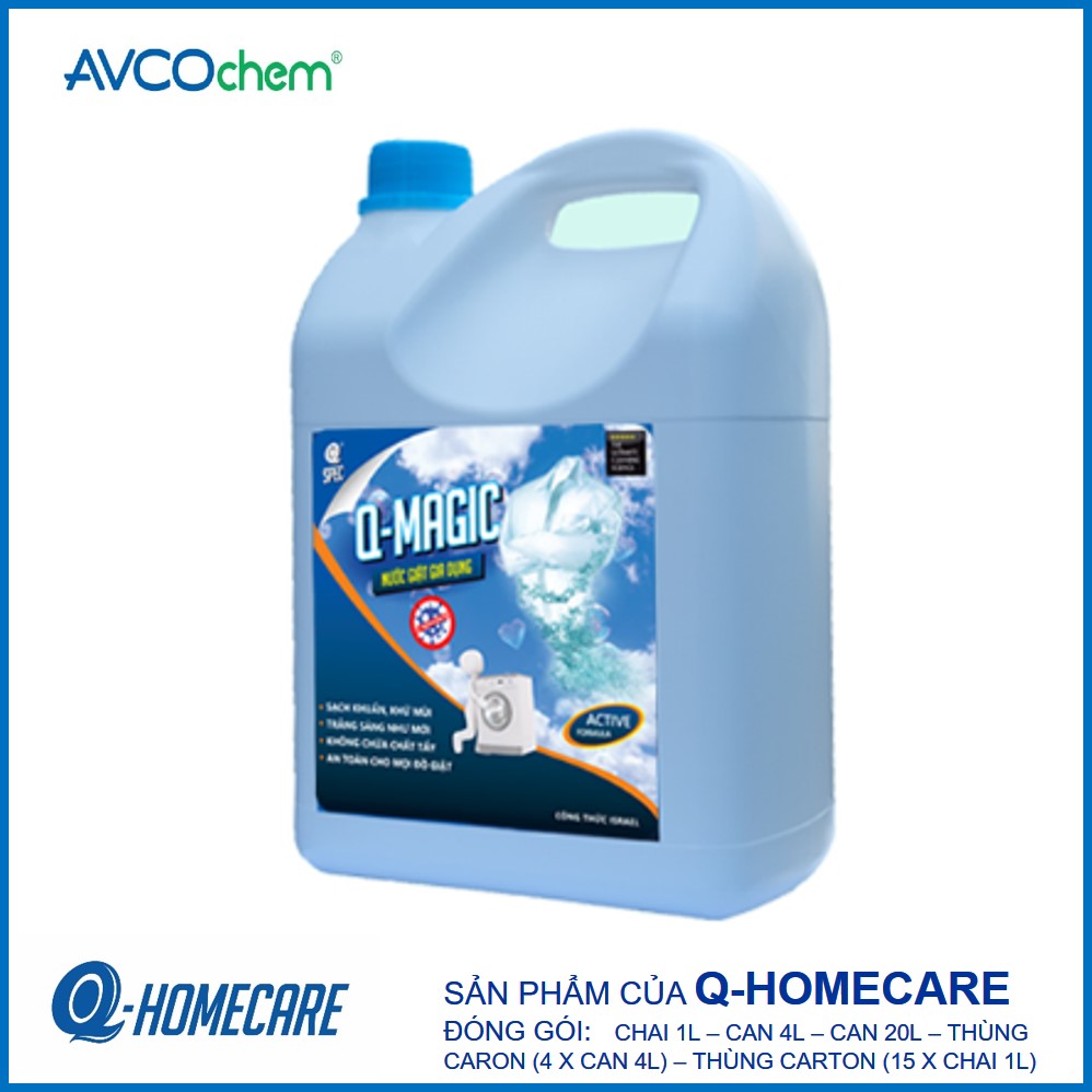 Nước giặt diệt khuẩn Q-Magic can 4 lít - Avcochem - Q-Homecare, giúp khử mùi hôi vượt trội, ngăn tối đa vải bị ẩm mốc và có mùi sau khi giặt xả