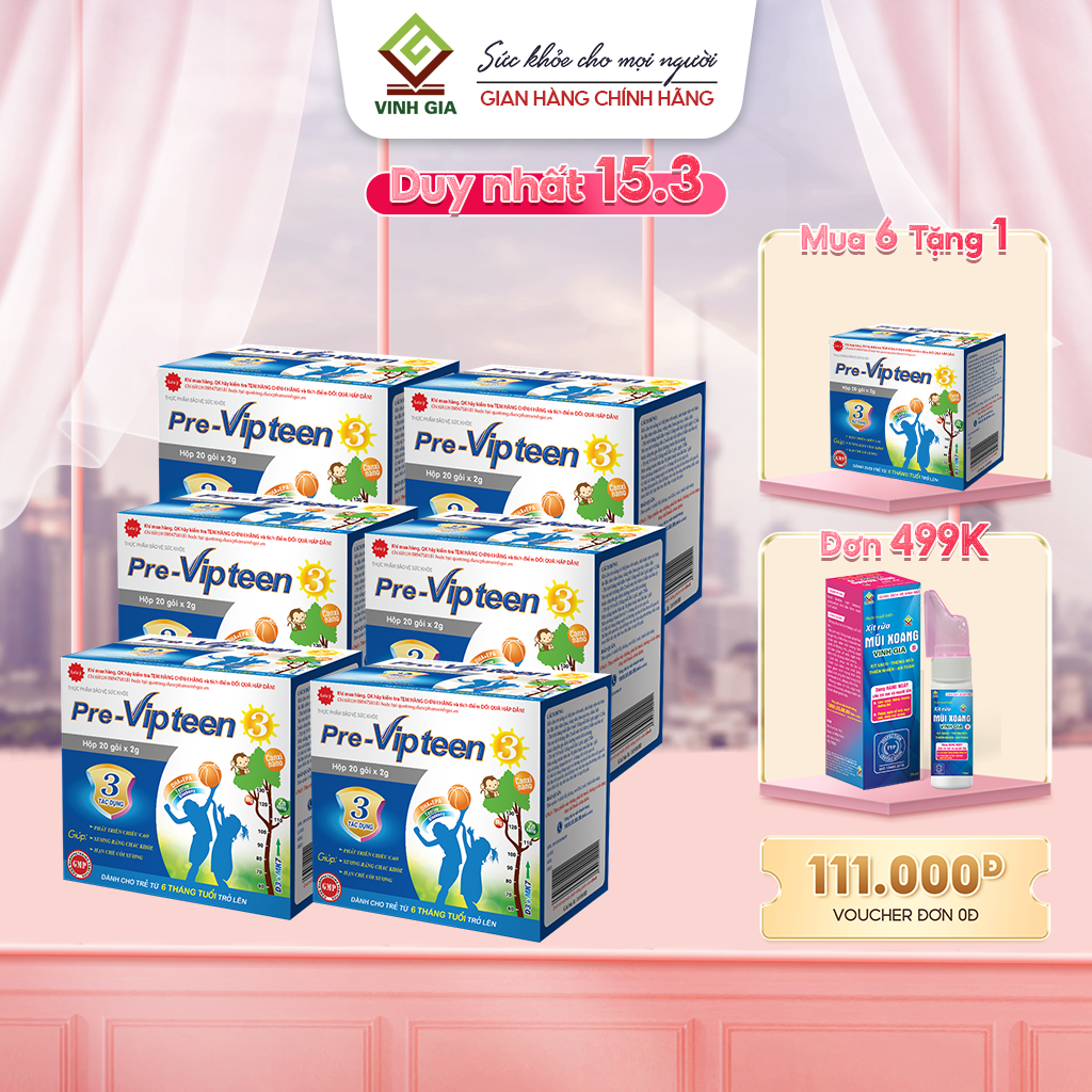[Combo mua 6 tặng 1] Combo 6 Hộp Cốm Pre-Vipteen 3 VINH GIA Hỗ Trợ Tăng Chiều Cao, Phát Triển Trí Não Cho Bé Từ 6 Tháng Tuổi 20 Gói/Hộp( Đã huỷ tem đổi quà )