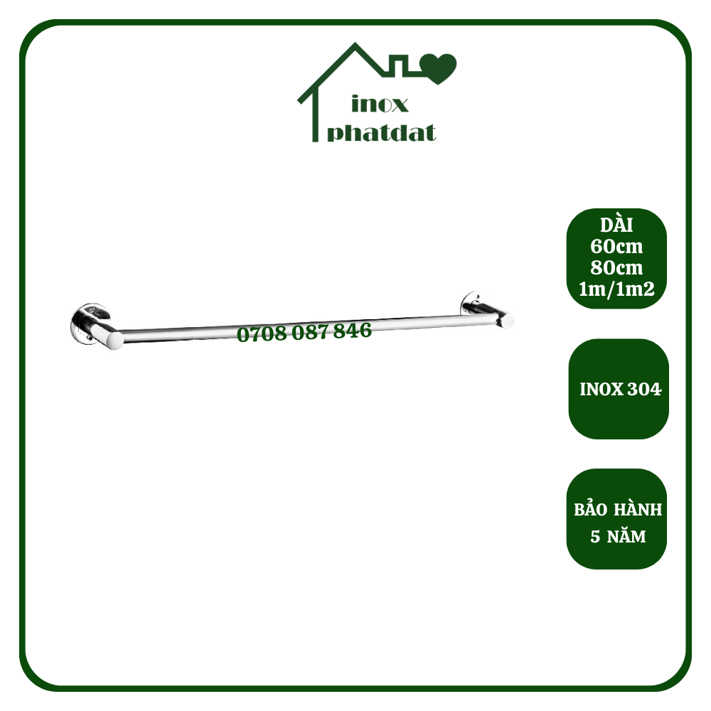 Thanh treo khăn inox 304 phát đạt không rỉ sét dài 60cm/80cm/1m/1m2, máng khăn nhà tắm cao cấp, giá móc khăn mặt