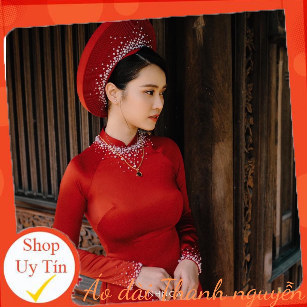 Áo dài lụa đỏ 4 tà cô dâu đính hạt , mấn đội đầu, phụ kiện cài tóc