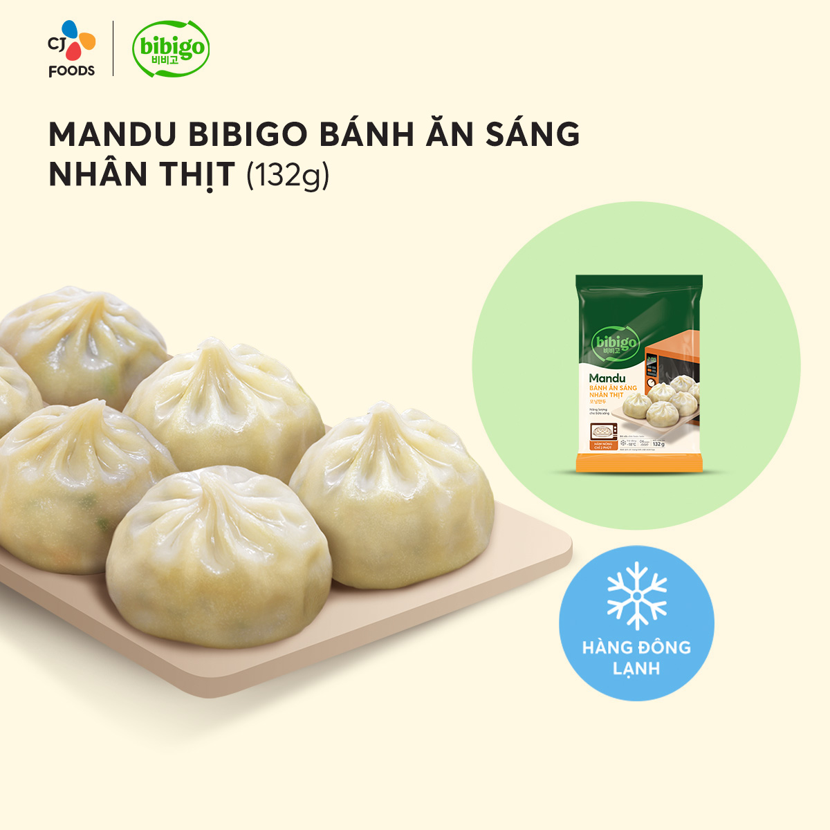   Hỏa tốc  Bánh xếp Mandu Bibigo ăn sáng nhân thịt 132g  Quay vi sóng 2 phút tiện lợi & bổ dưỡng  