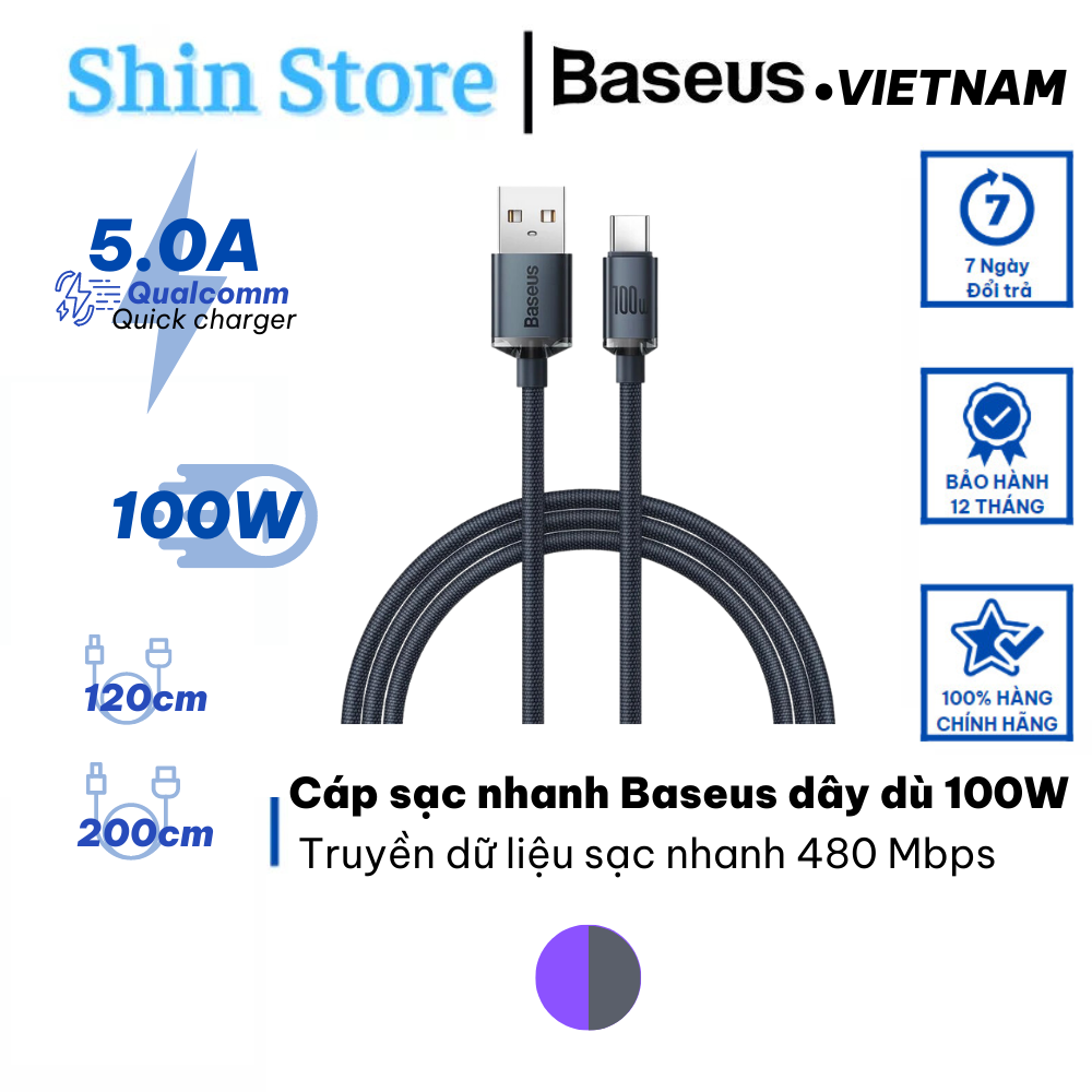Dây cáp sạc nhanh siêu bền baseus 100w usb type c 5a - shin store