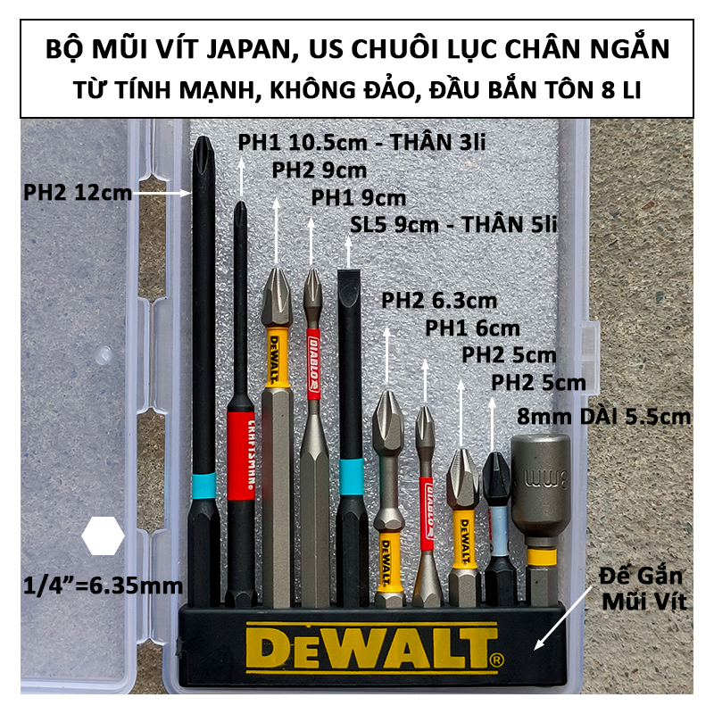 Bộ mũi vít bake dẹp japan, us - 12cm từ tính mạnh chuôi lục giác