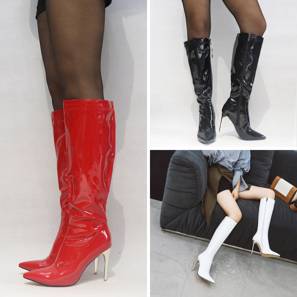 Giày boot nữ cổ cao dưới gối DA BÓNG gót nhọn 10cm mũi nhọn màu đen, màu trắng, màu đỏ SANG CHẢNH GCC27