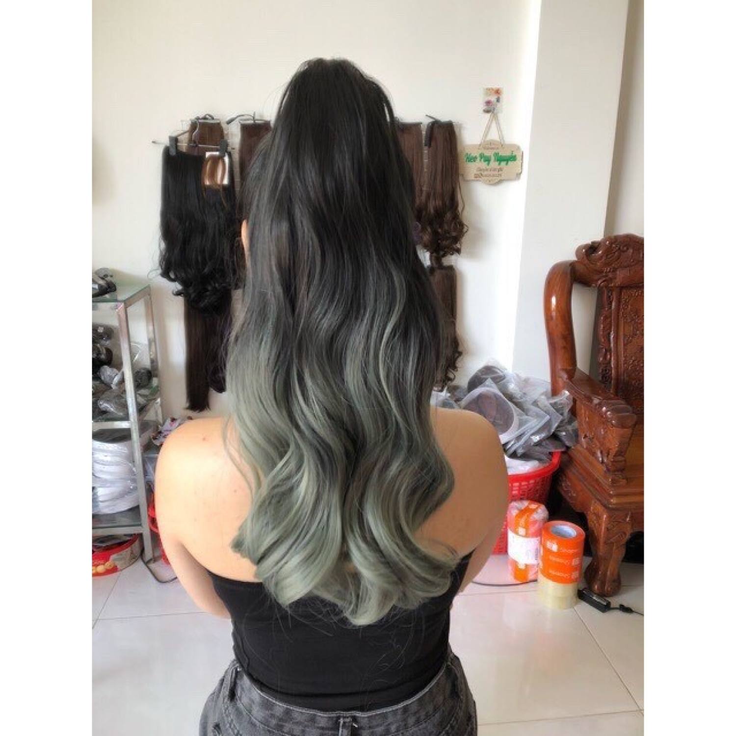 Tóc giả ngoặm🌸FREESHIP🌸Tóc ngoạm xoăn omber xanh rêu