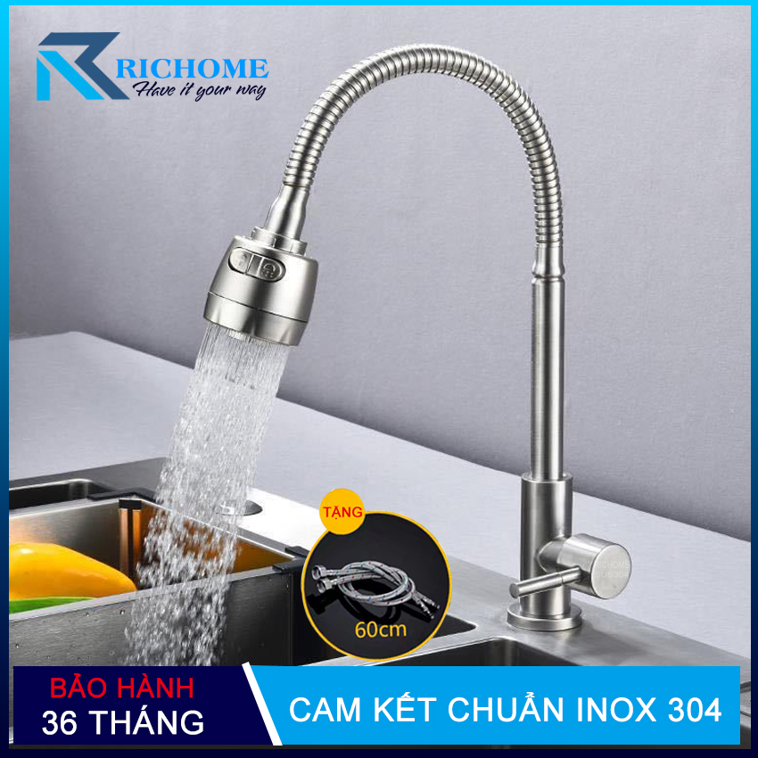 Vòi rửa chén bát nóng lạnh cắm chậu OS611 Inox 304 cần lò xo đầu xả tăng áp 2 chế độ - tặng kèm 02 dây cấp nóng lạnh inox dài 60cm- Bảo hành 3 năm toàn quốc