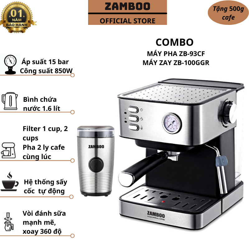 Combo máy pha cà phê espresso zamboo zb-93cf + máy xay zb-100g- hàng chính hãng