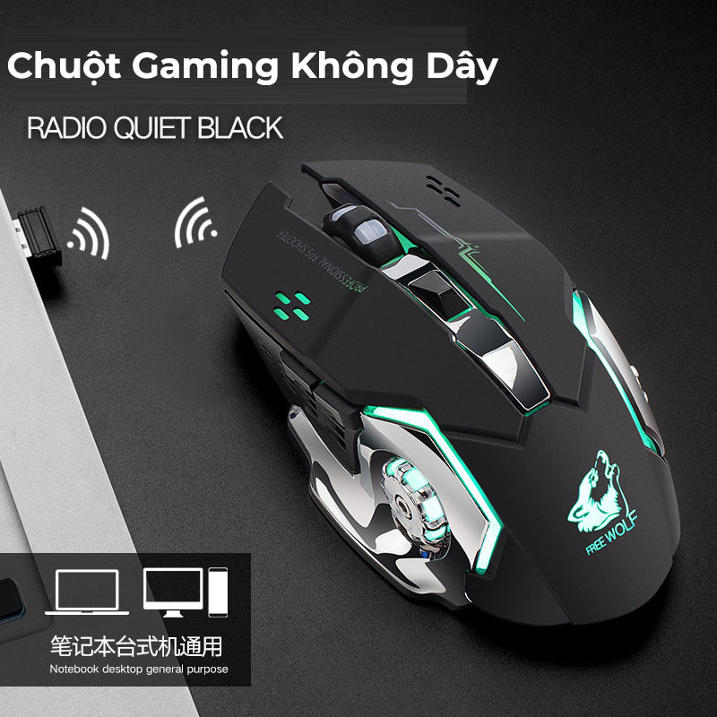 Chuột chơi game không dây pin sạc Free Wolf X8 Led 7 màu, chuột gaming không cần usb kết nối, sạc pin, tiết kiệm điện sử dụng thoải mái trong bán kính 10m