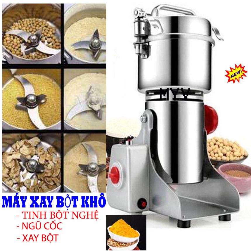 Máy Xay Bột Gạo Khô, Máy Xay Bột Khô - Máy Xay Bột Tinh Bột Nghệ Ngũ Cốc Tam Thất Loại 800g Nắp Gài Inox, Máy xay tinh bột khô liên hoàn đa năng