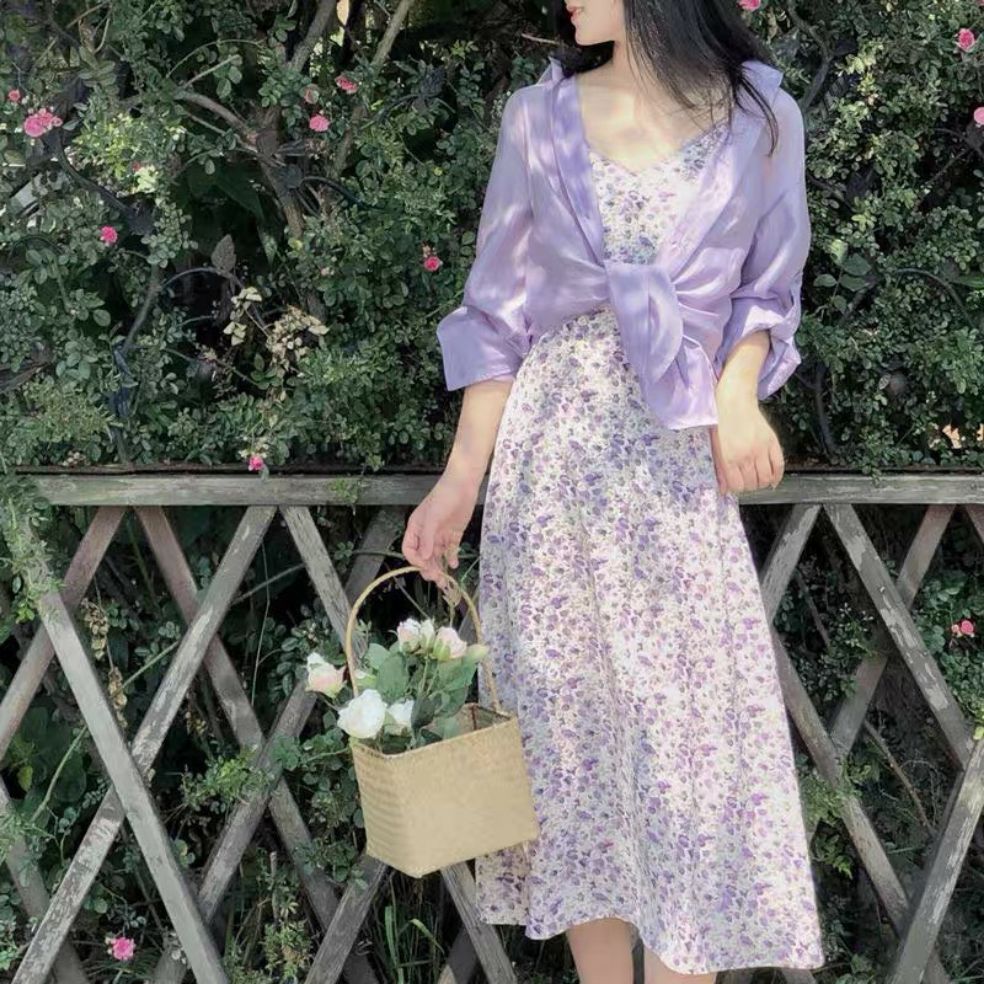 Đầm midi hoa khoát sơ mi tím cực xinh