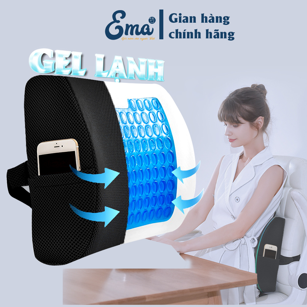 Gối tựa lưng văn phòng cao su non Ema - Nâng cấp lớp Gel làm mát độc đáo - Giảm đau mỏi khi phải ngồ