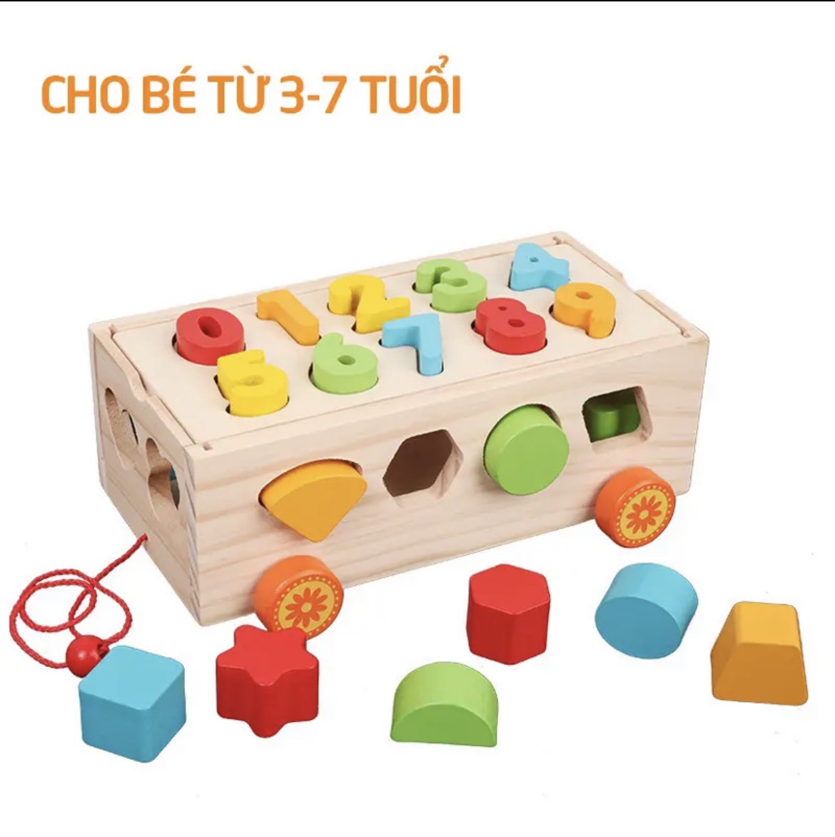 HÀNG ĐẸP Đồ chơi xe kéo thả hình khối, chữ số bằng gỗ cho bé phân biệt màu