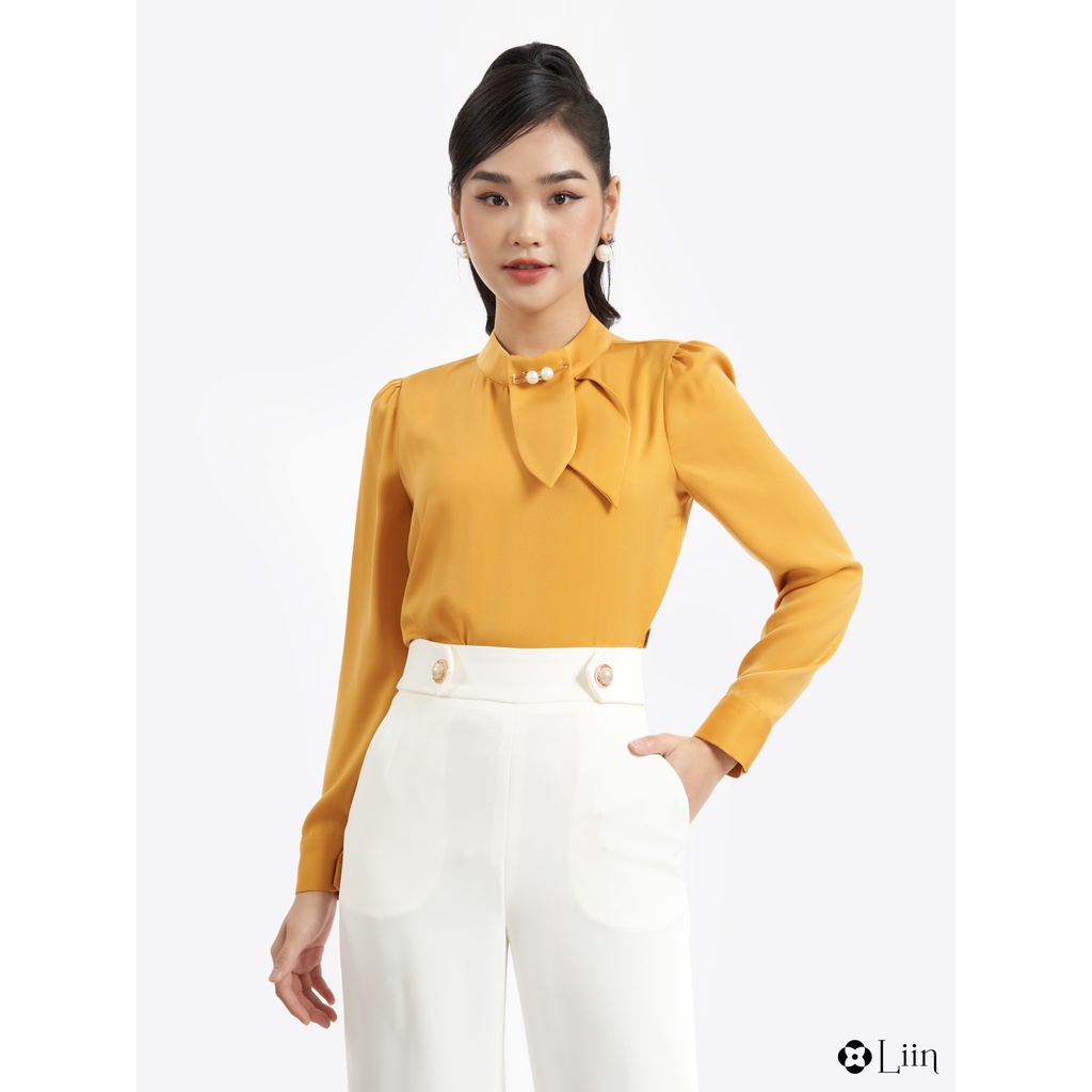 Áo sơ mi linbi lụa trơn màu vàng thiết kế cổ vạt khăn kiểu dáng thanh lịch liin clothing SM4008