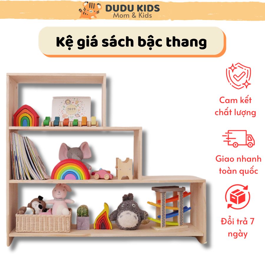Kệ sách bậc thang 3 tầng, giá để đồ chơi cho bé, giá kệ gỗ thông phủ bóng đa năng