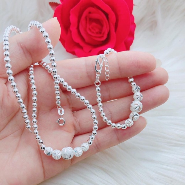 Bộ trang sức gôm dây chuyền và lắc tay bi phay cho bé chuẩn bạc ta - THJ Cam kết bạc chuẩn, giá tốt kèm bảo hành