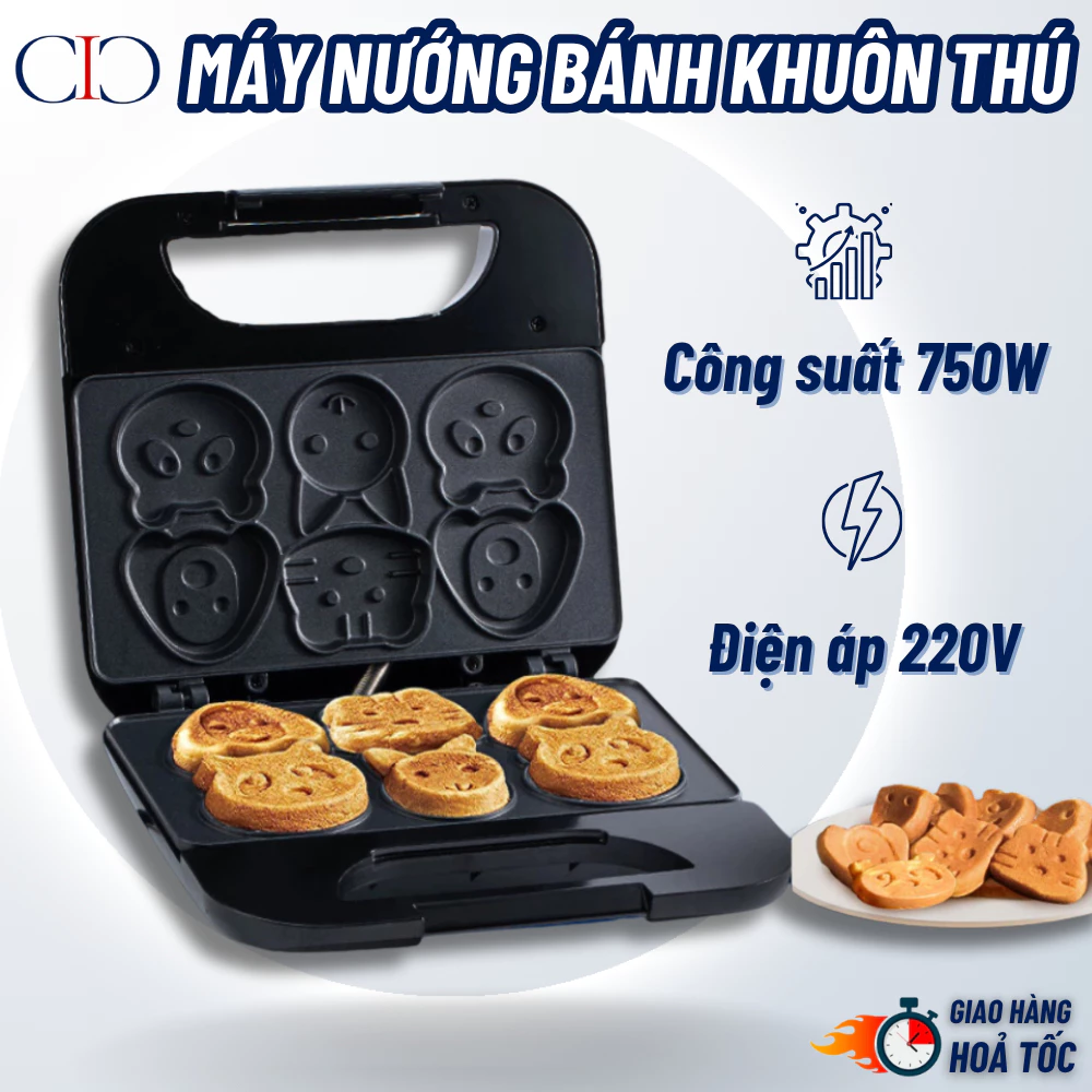 Máy làm bánh khuôn 6 hình động vật, máy nướng bánh hình thú chống dính, làm bữa sáng cho bé hình thú đa dạng