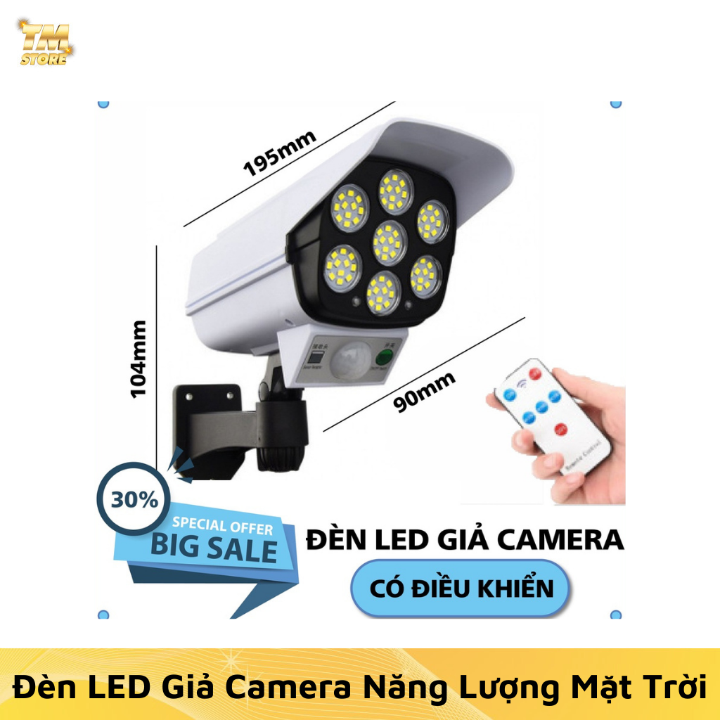 Đèn Năng Lượng Mặt Trời Giả Camera Giám Sát Chống Trộm, Tính năng phát hiện chuyển động, Tự động sáng khi trời tối và khi có người đến gần, Công suất 30W, Chống nước IP66, Sử dụng 6 tiếng, Có 3 chế độ, Điều khiển từ xa