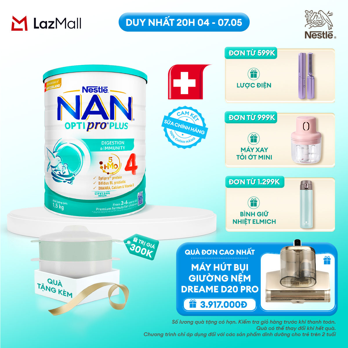 [Chỉ 20H 04-07.05 QT Đơn 599K/999K] [Tặng Bộ xửng hấp] Sữa Bột Nestlé NAN OPTIPRO PLUS 4 1500g Cho Bé 2 - 6 Tuổi: Công Thức Độc Quyền Nhập Khẩu Từ Thụy Sỹ, Chứa Phức Hợp 5-HMO