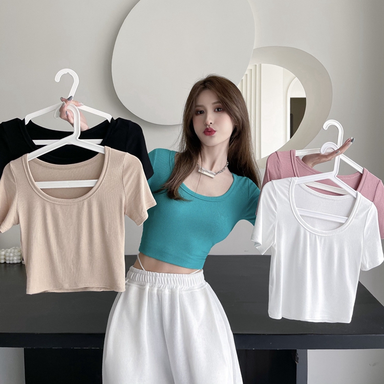 Áo thun ôm body nữ tay ngắn cổ thuyền vải thun gân nhiều màu trơn / basic top