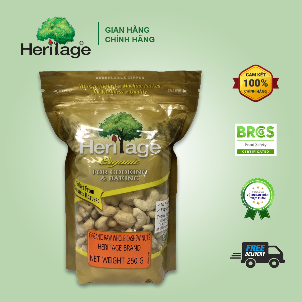 Heritage Organic Raw Whole Cashew Nuts- 250g Hạt điều hữu cơ