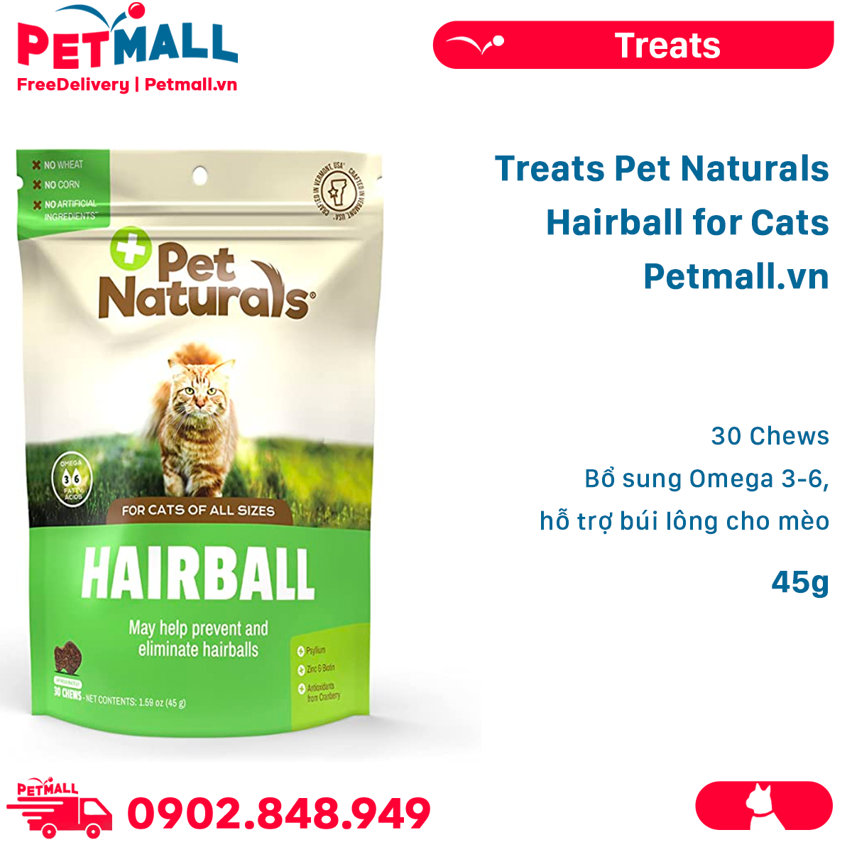 Treats Pet Naturals Hairball for Cats 45g - 30 Chews - Bổ sung Omega 3-6, hỗ trợ búi lông cho mèo Petmall