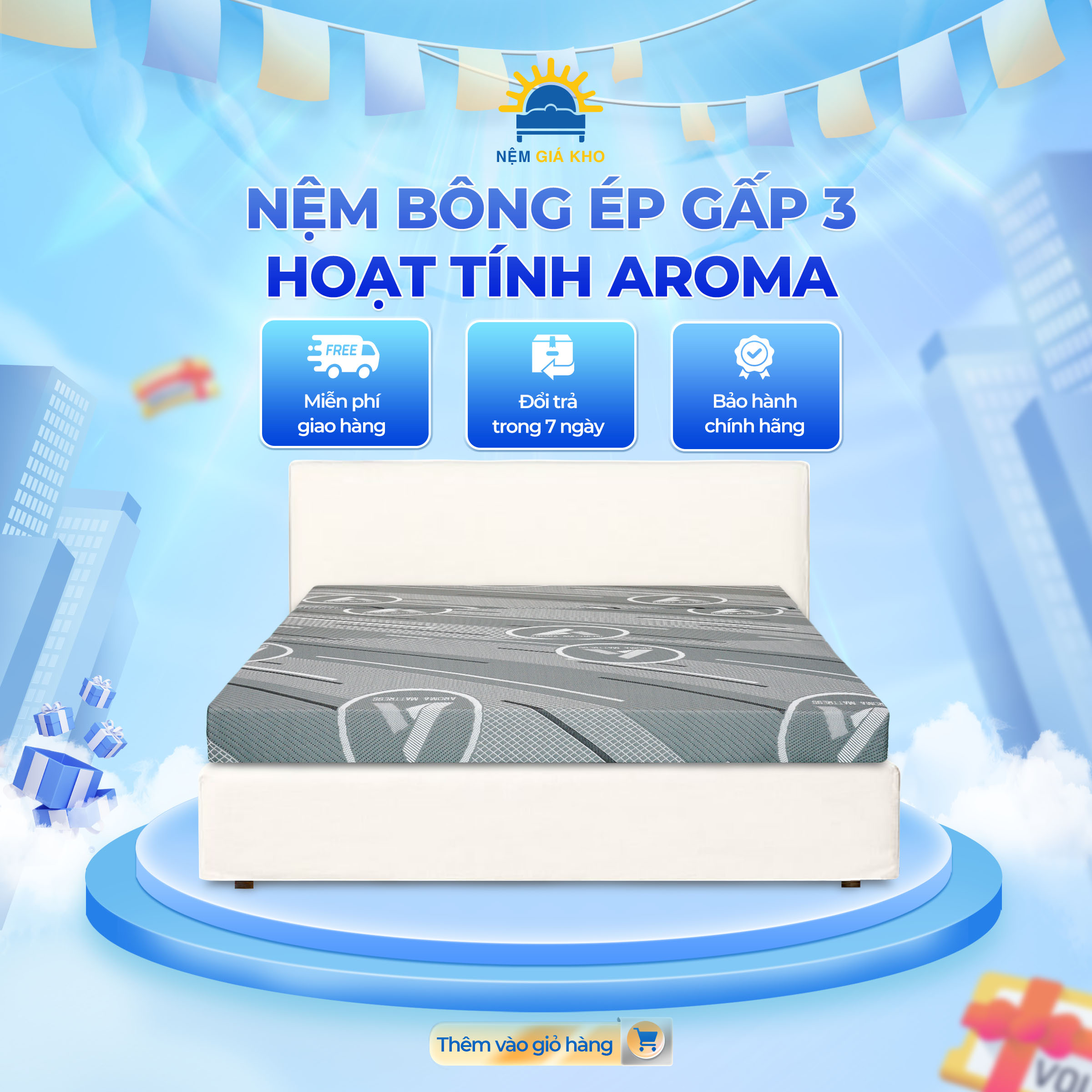 Nệm Bông Ép Hoạt Tính Aroma, kháng khuẩn, bảo hành 5 năm
