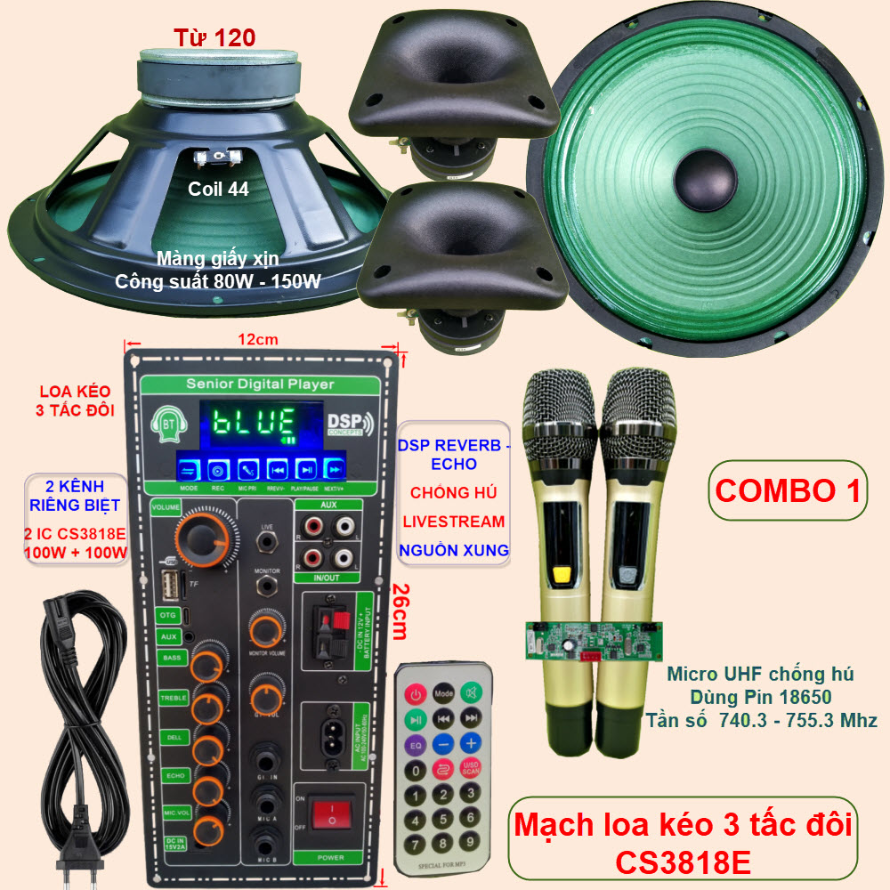 Mạch loa kéo 3 tấc đôi Livestream DSP Reverb – Echo Chống hú CS3818E