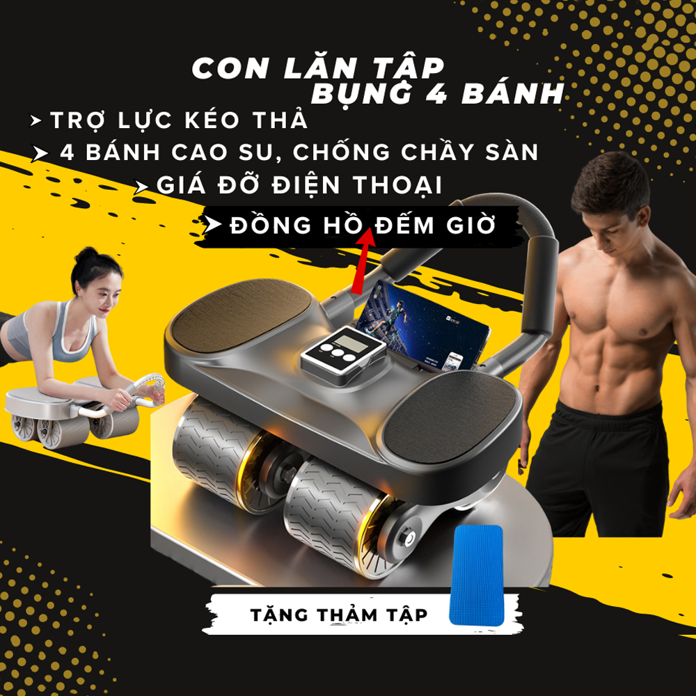 Con Lăn 4 Bánh Tập Bụng Trợ Lực Thế Hệ Mới - Khuỷu Tay - Plank Tại Nhà