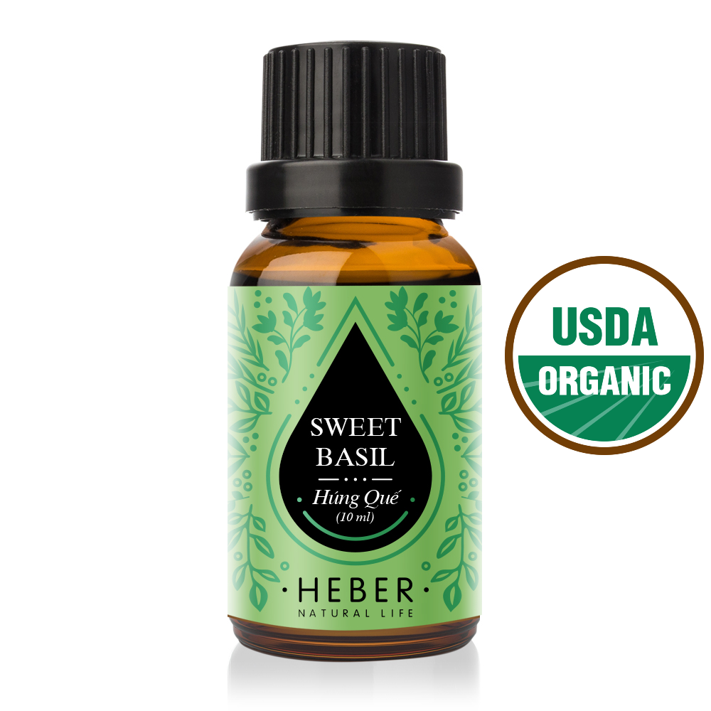 Tinh Dầu Húng Quế - Sweet Basil Essential Oil Heber Vietnam, 100% Thiên Nhiên Nguyên Chất, Cao Cấp Nhập Khẩu, Kiểm Nghiệm Quatest 3, Xông Thơm Phòng, Hương Dịu Nhẹ